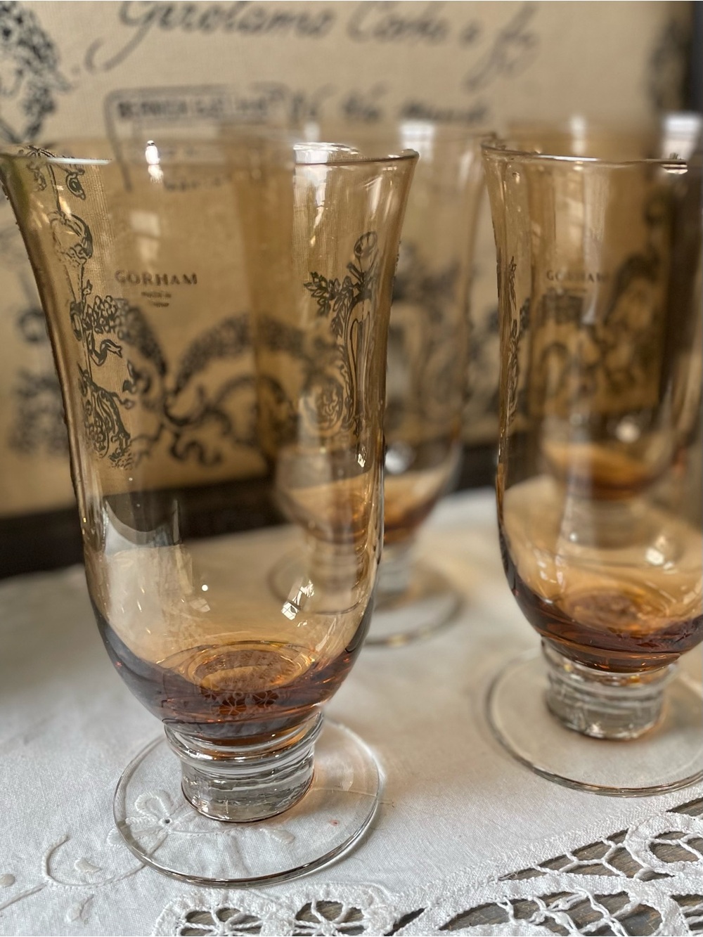 Vintage Gorham Crystal Sienna Amber Crackle Glasses